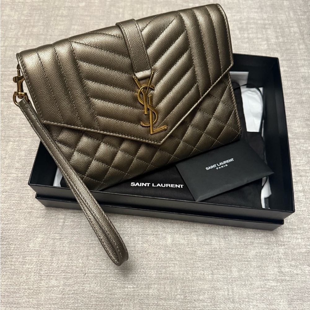 Saint Laurent Silver Quilted Clutch with Chevron Pattern